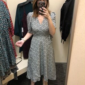 BOBEAU Wrap Midi Dress Puff Sleeve Leopard Print Black White Size Small Feminine